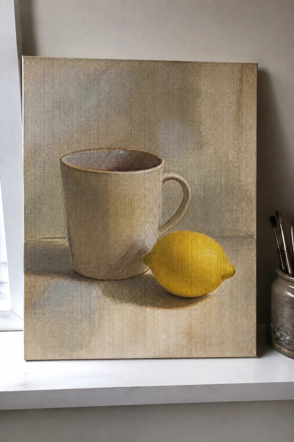 Realistic painting of beige ceramic mug and yellow lemon with soft shadows