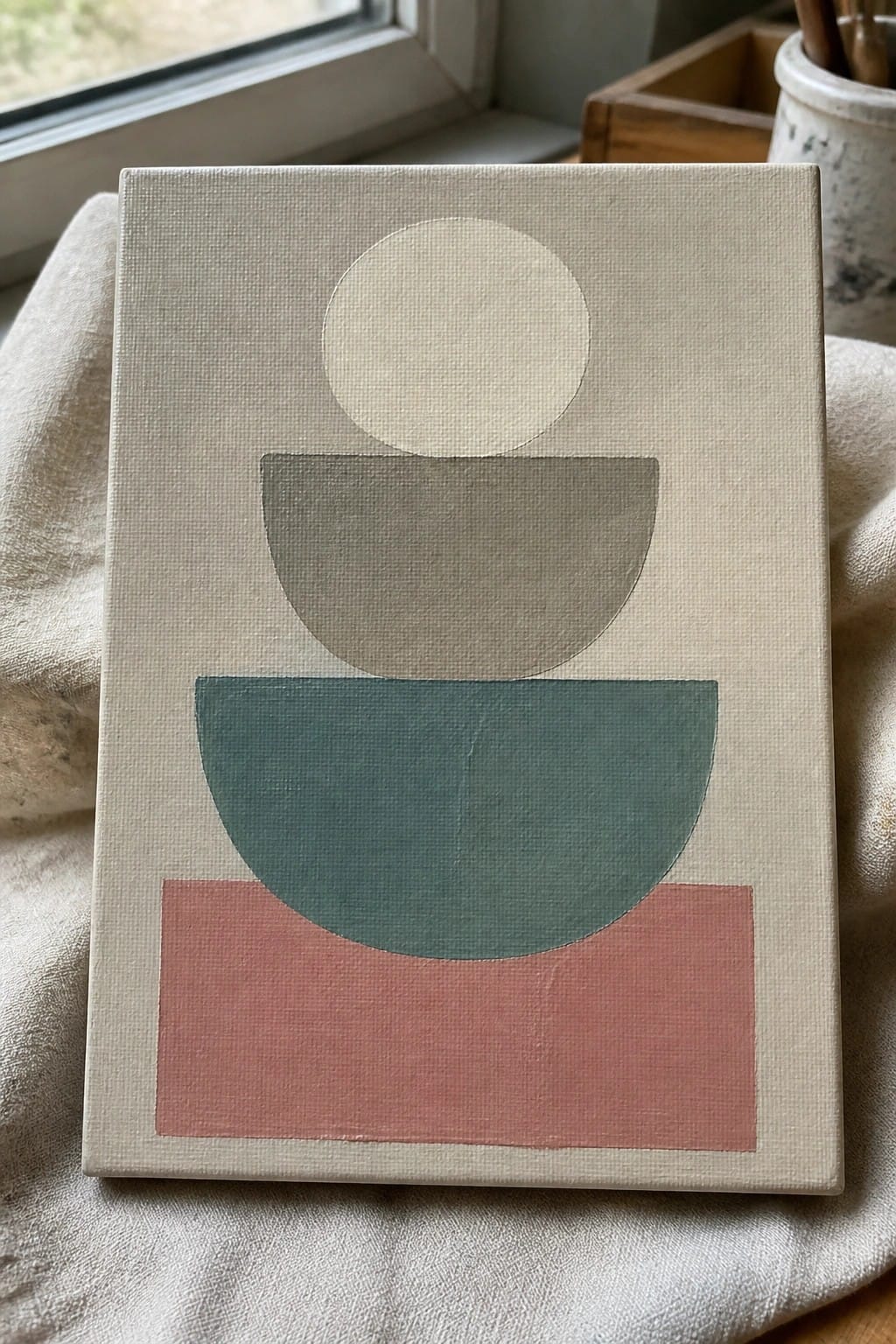 Abstract canvas with stacked semicircles in cream, taupe, teal, and dusty pink.