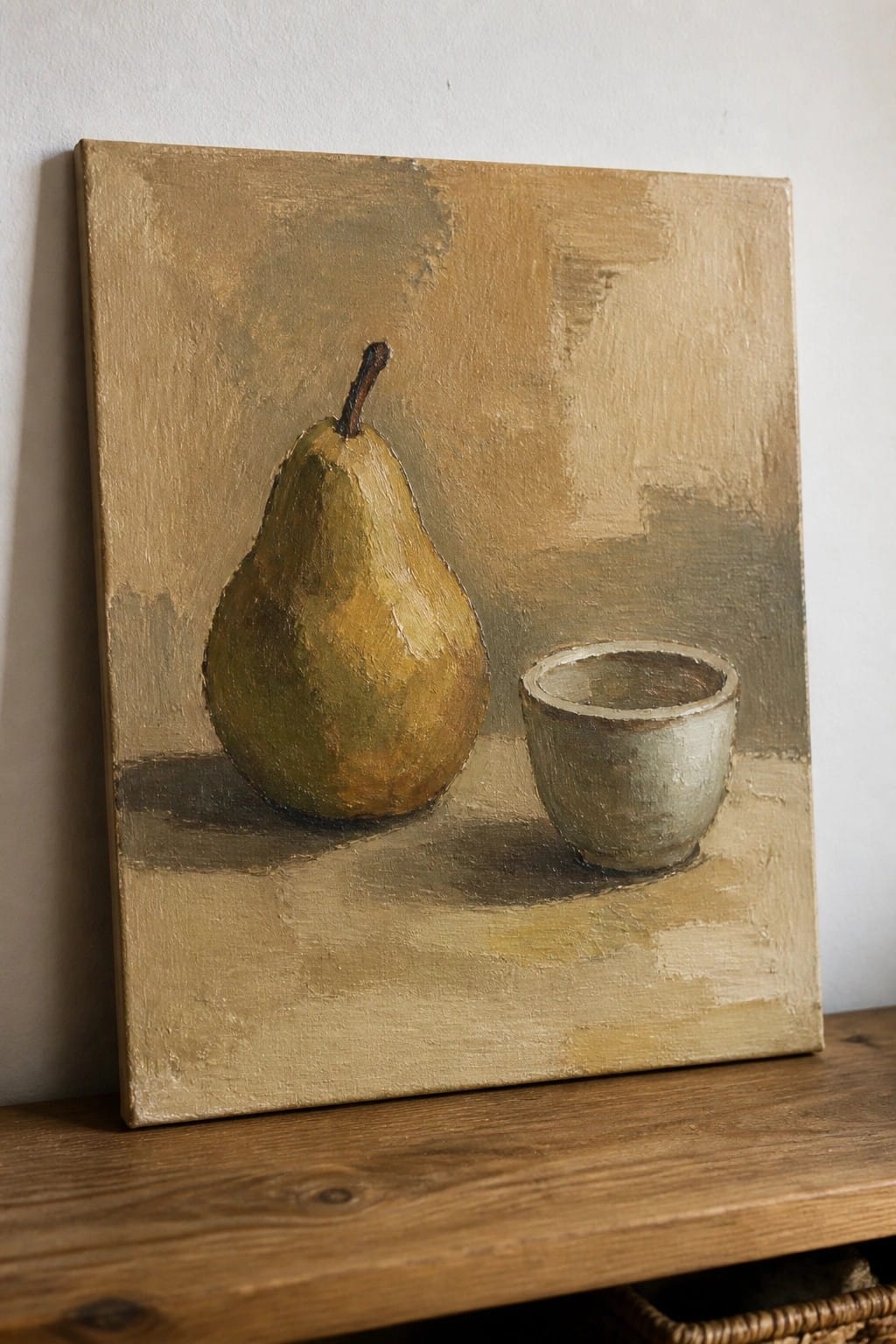 Oil painting of a green pear beside a small cup on wood.