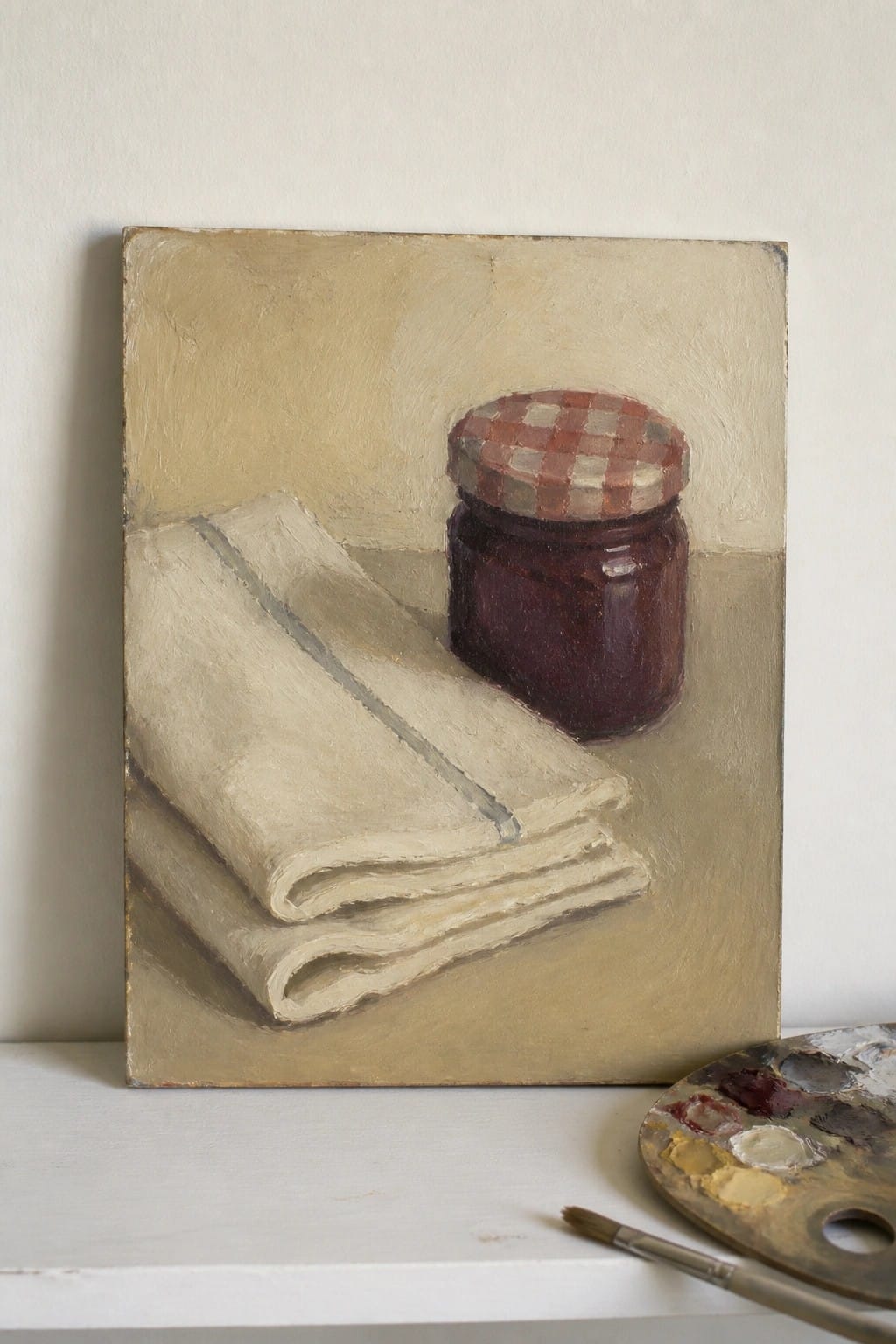 Still life painting of folded cloth and jam jar with checkered lid beside palette