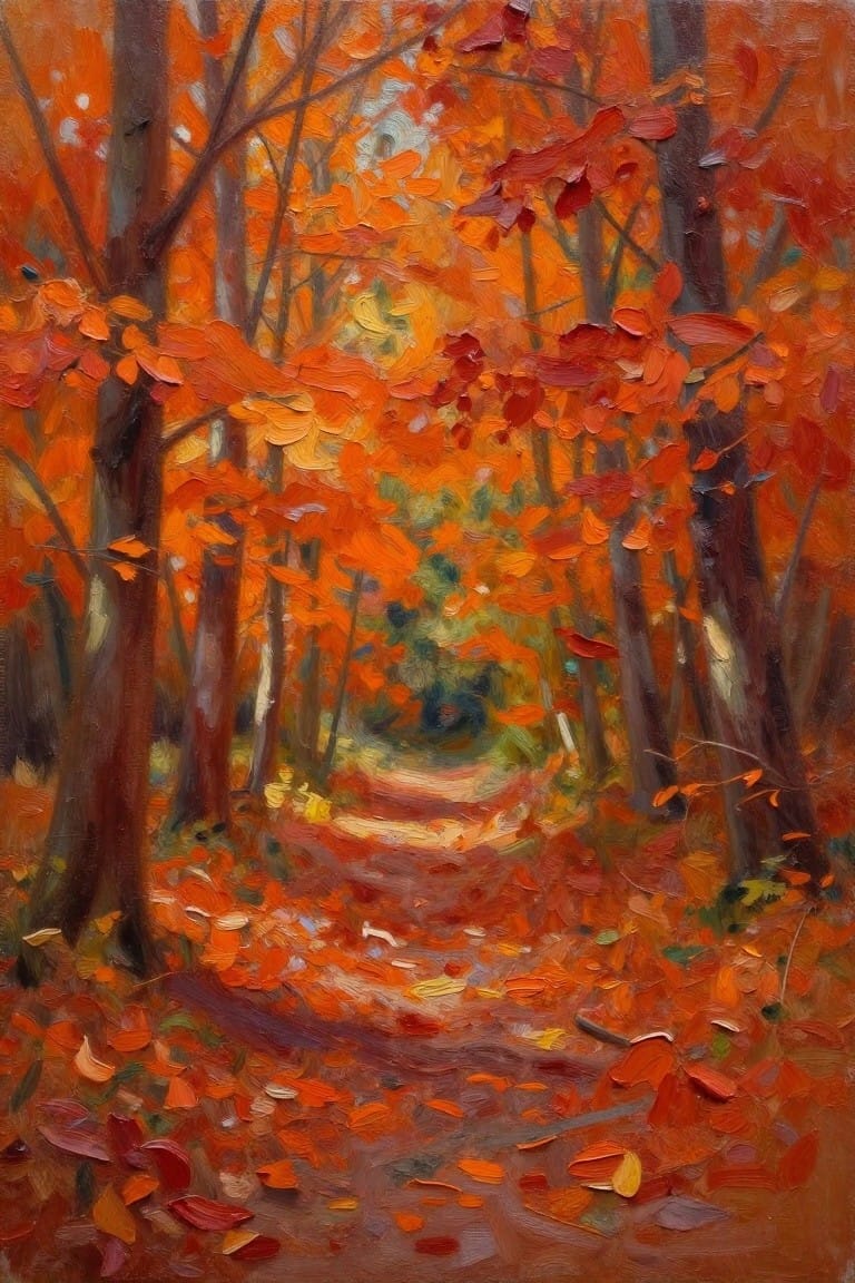 Vibrant oil painting of winding leaf-strewn path through orange autumn forest trees.