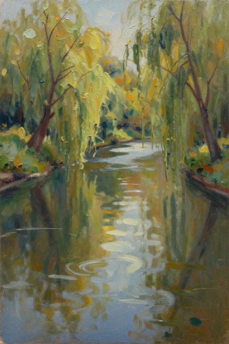 Impressionist painting of a reflective river winding through yellow-green autumn trees