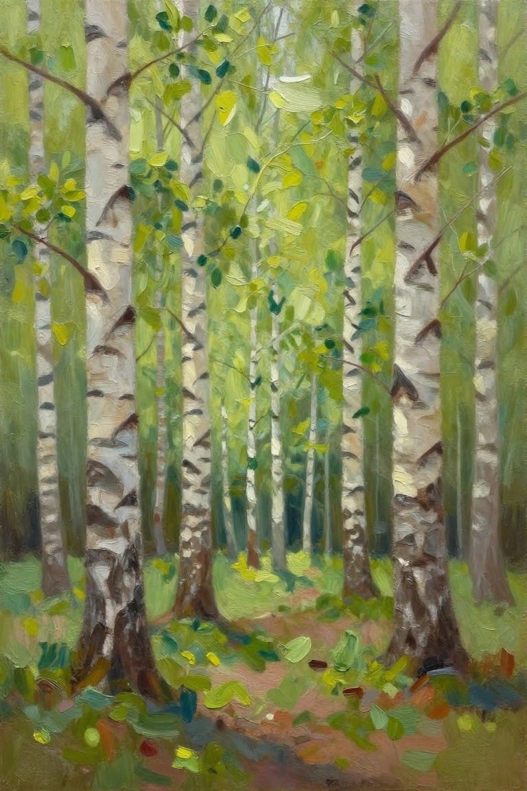 Sunlit birch forest painting with white trunks, green foliage, and winding path.