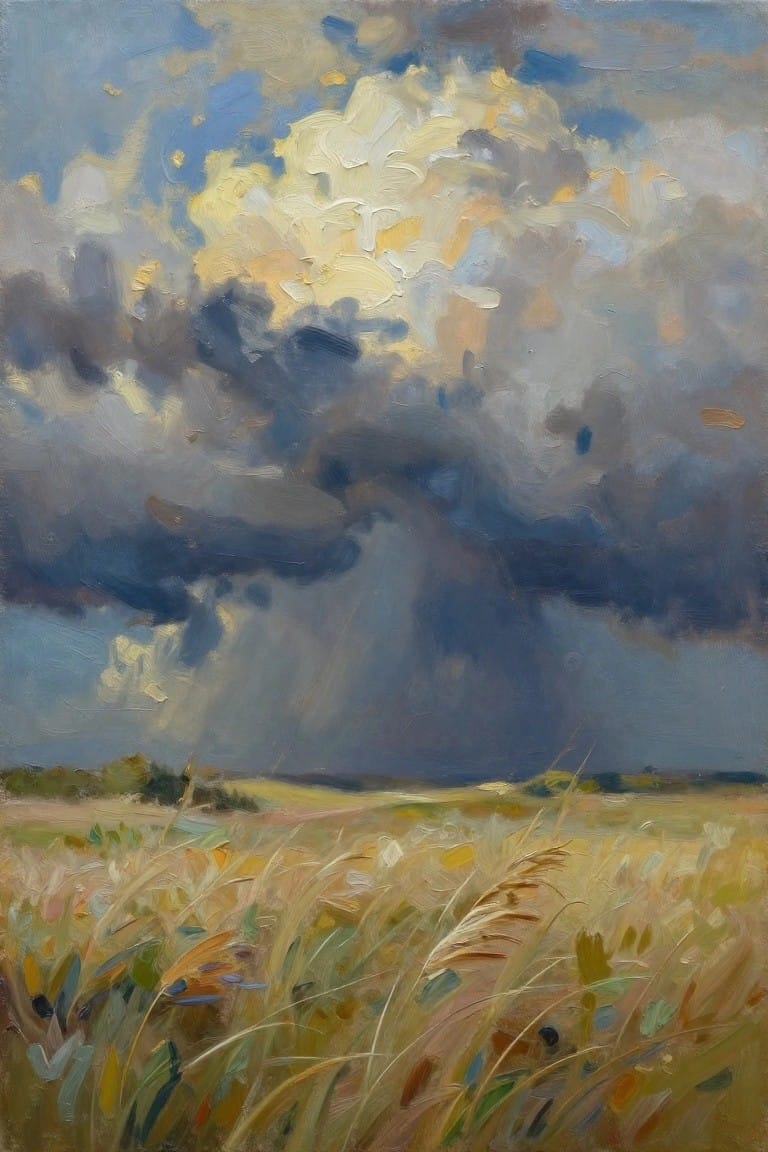 Dramatic storm clouds in blue and gold over windswept golden wheat field with sunlight rays