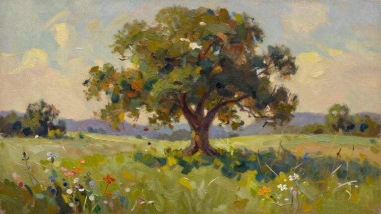 20 Step by Step Oil Painting Landscape Tutorials to Build Confidence Impressionistic painting of a large tree amid colorful wildflowers in a green meadow.