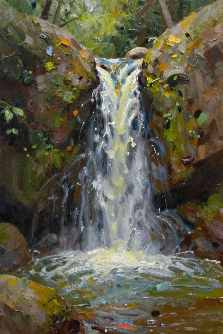 Thickly textured painting of a cascading waterfall amid colorful rocks and foliage.