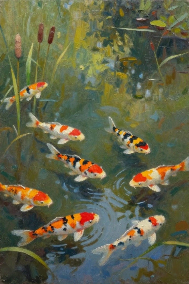 An oil painting of several orange, white, and black koi fish swimming in a greenish pond with reeds and leaves.