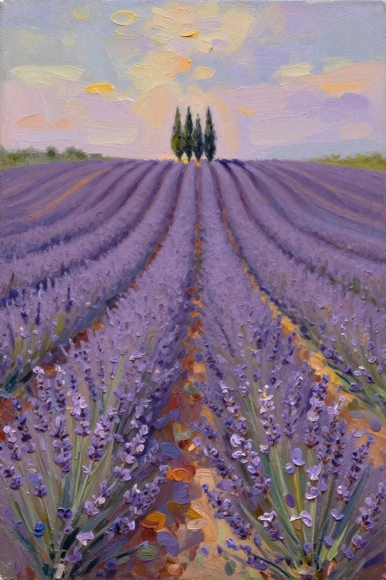 Rows of blooming lavender leading to cypress trees beneath a colorful painted sky.
