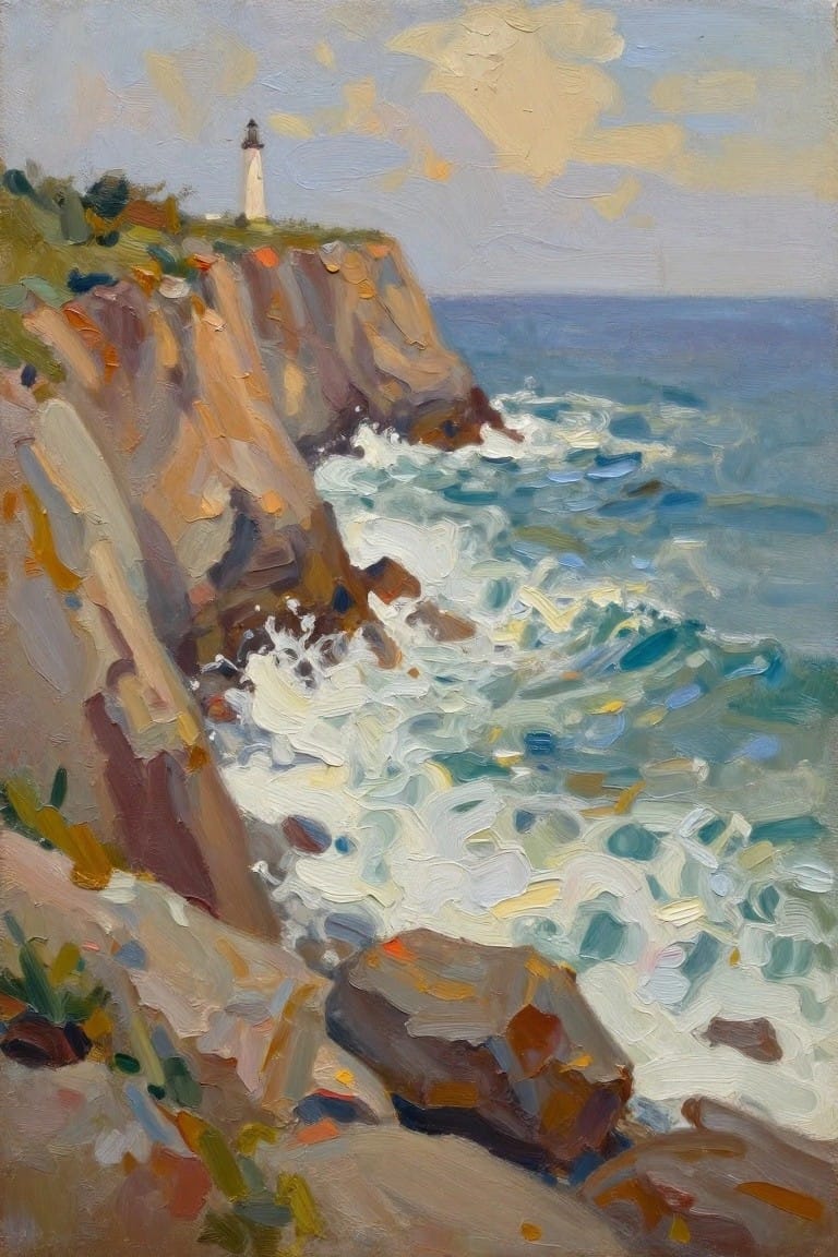 Impressionistic oil painting of lighthouse on cliff with waves crashing below.