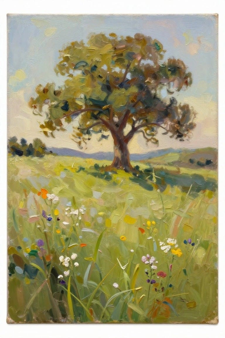 Impressionistic painting of a large tree amid colorful wildflowers in a green meadow.