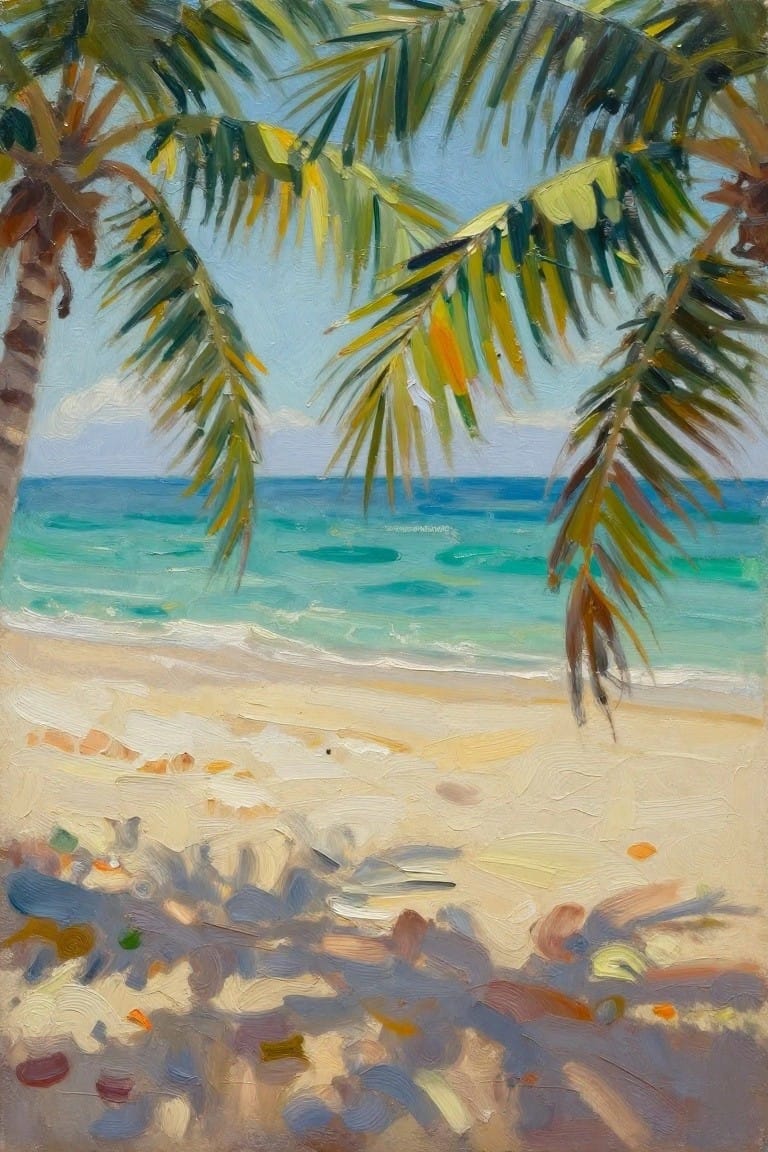 Oil painting of a beach scene with palm trees, turquoise ocean, and pale sand in the foreground.