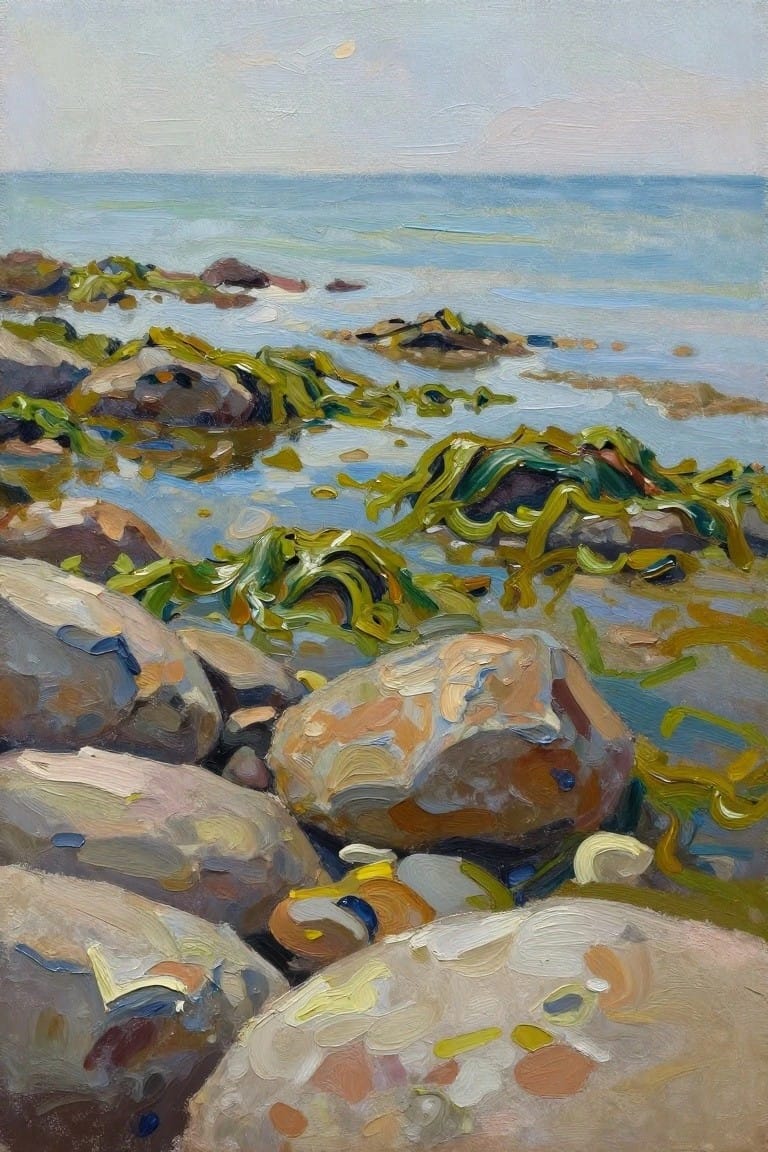 An oil painting of rocks covered in green and yellow seaweed along a shoreline with blue water in the background.
