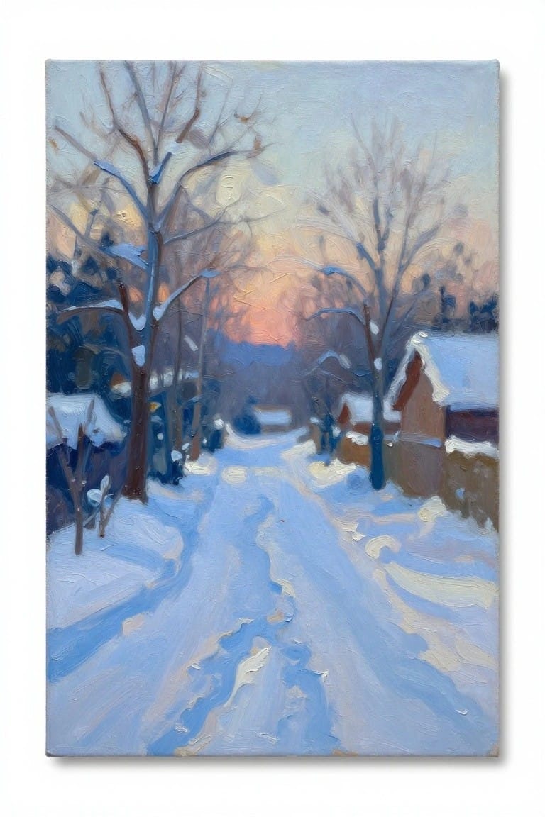 Snowy path through bare trees and houses under vibrant winter sunset sky