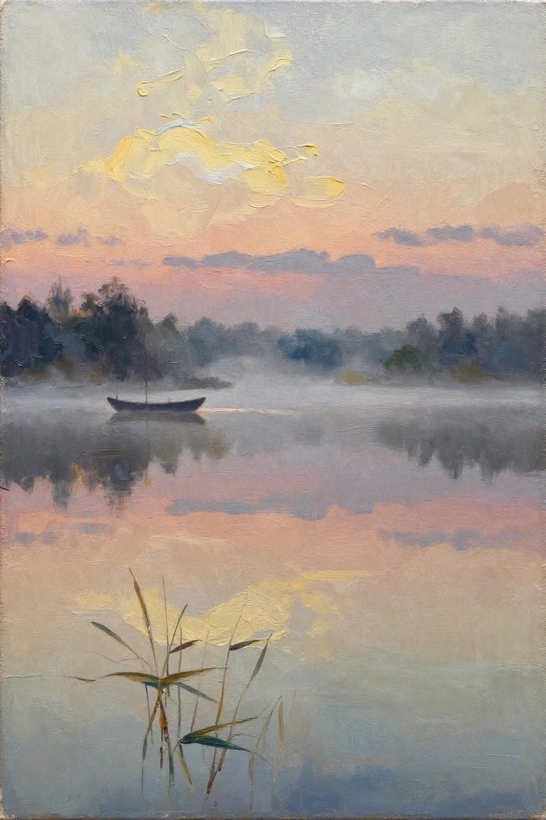 Impressionistic painting of a lone boat on misty pink lake at sunset with foreground reeds.