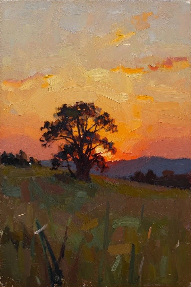 An oil painting shows a dark tree silhouetted against a bright orange and red sunset sky above a grassy field with distant hills.