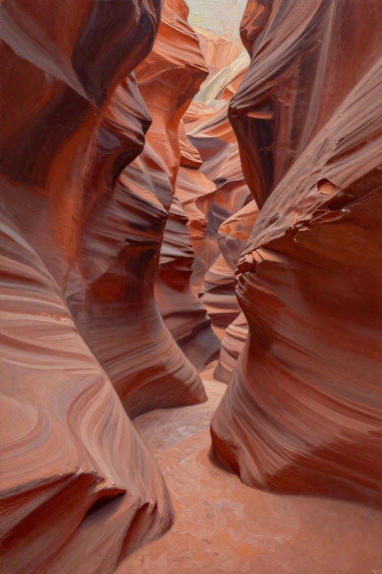 Twisting red sandstone walls form a narrow slot canyon in oil painting