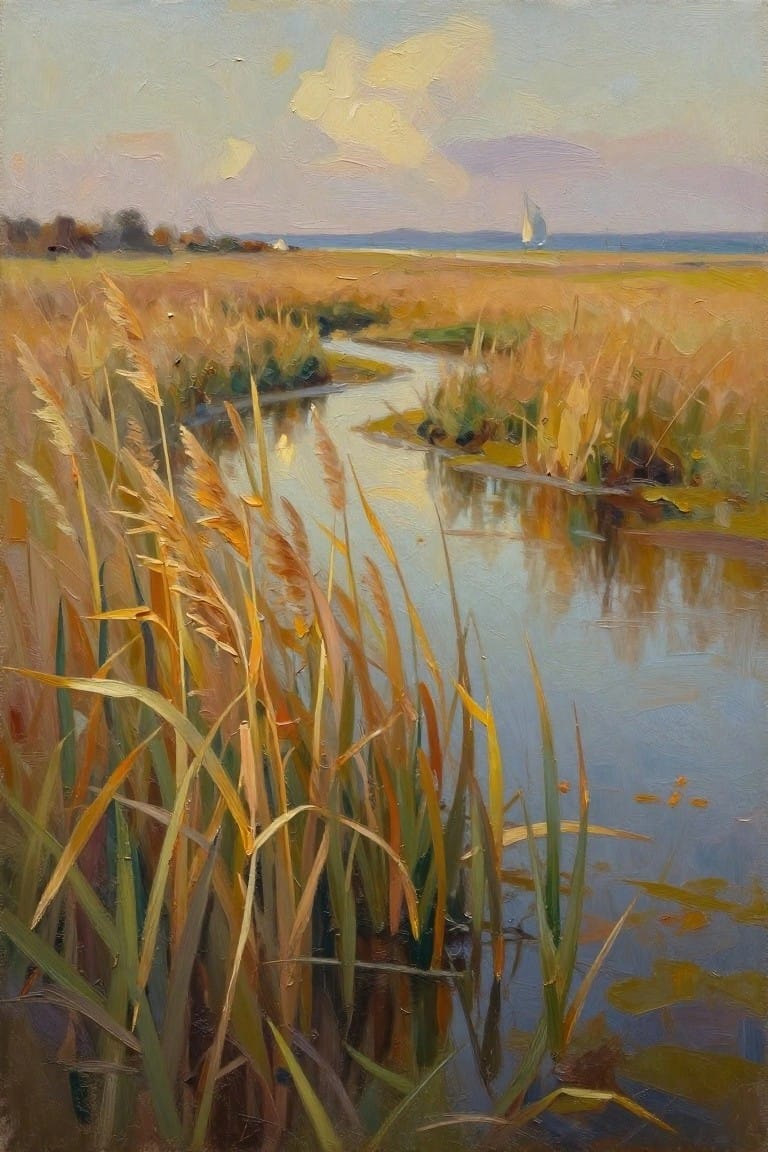 Golden reeds line a winding creek with distant sailboat under cloudy skies.