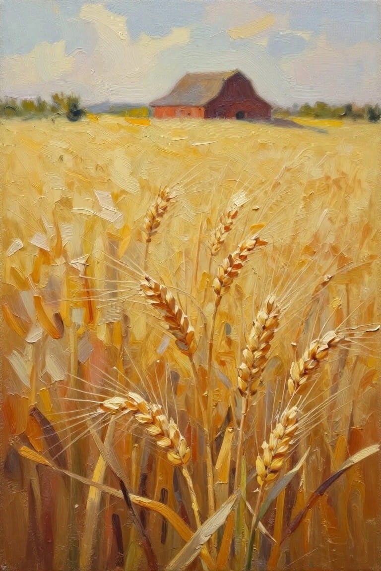 Golden wheat field with red barn under blue sky, impressionistic oil painting style
