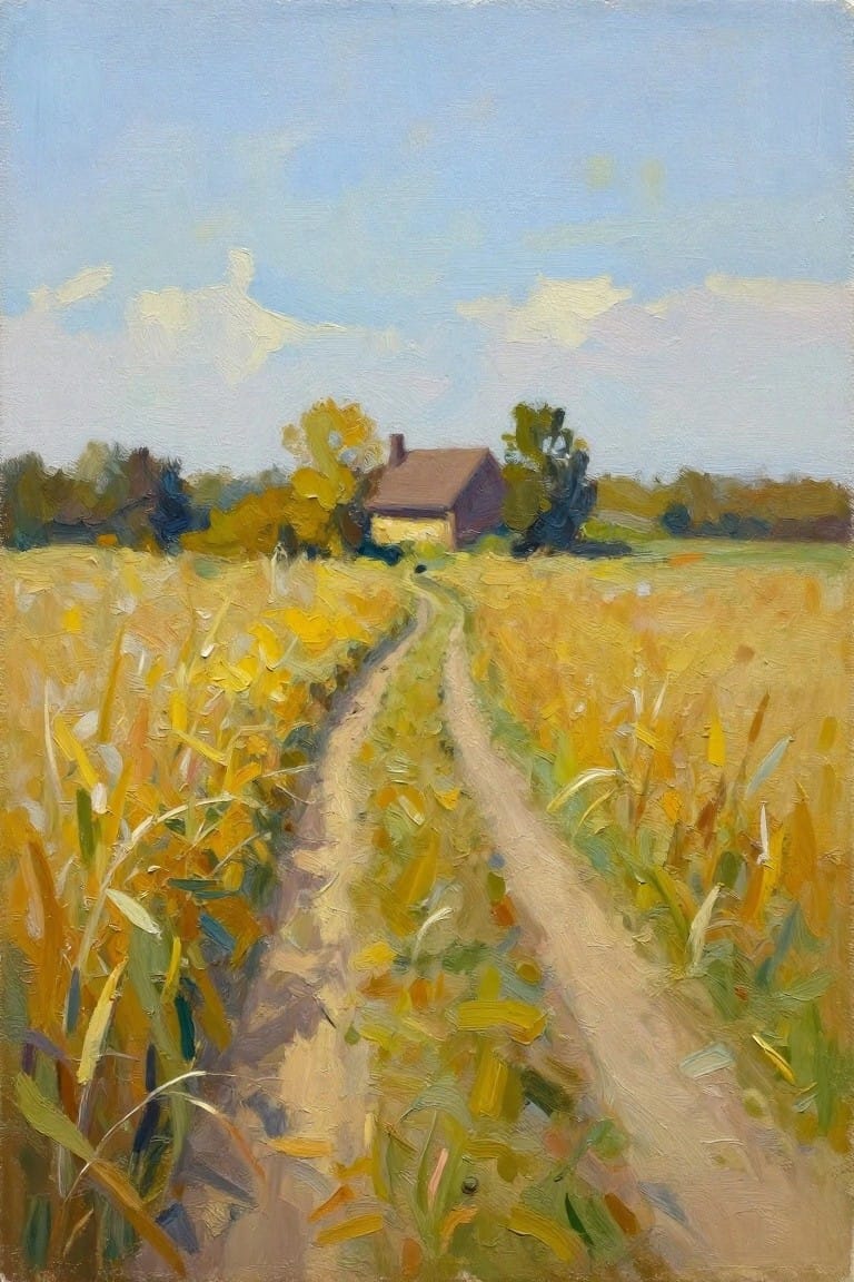 An oil painting of a dirt path winding through a golden field toward a small brown house under a blue sky with scattered clouds.