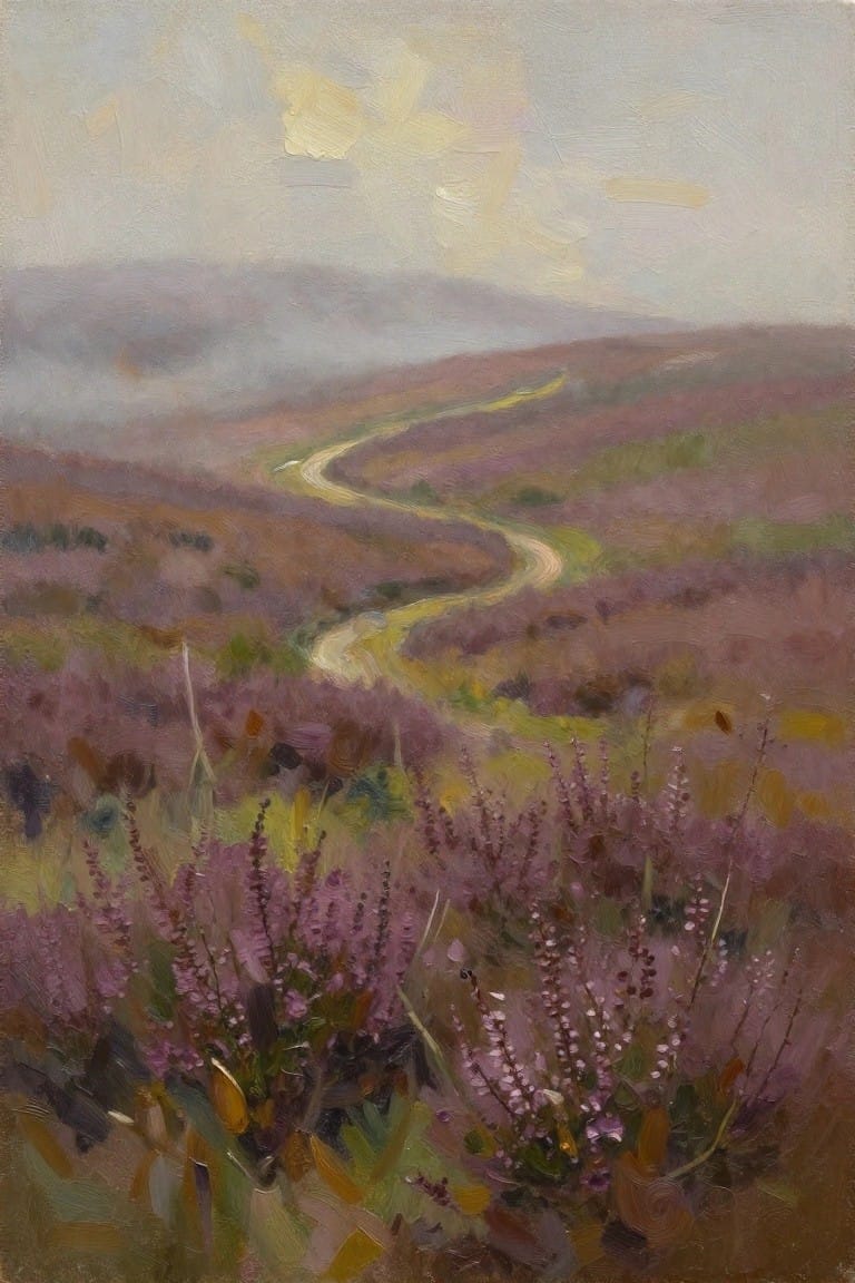 Winding path through purple heather hills under misty overcast sky