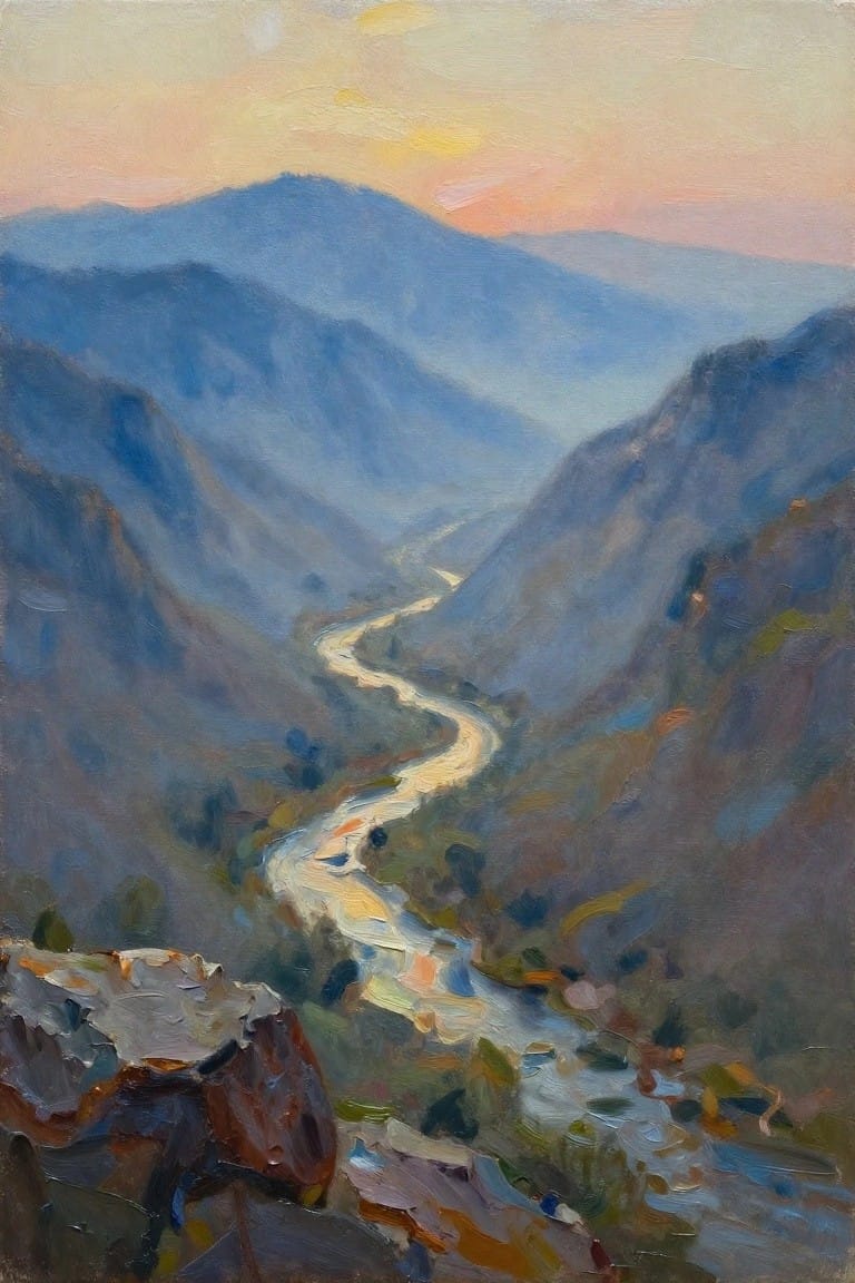 Impressionistic oil painting of winding river through misty blue mountains at sunset