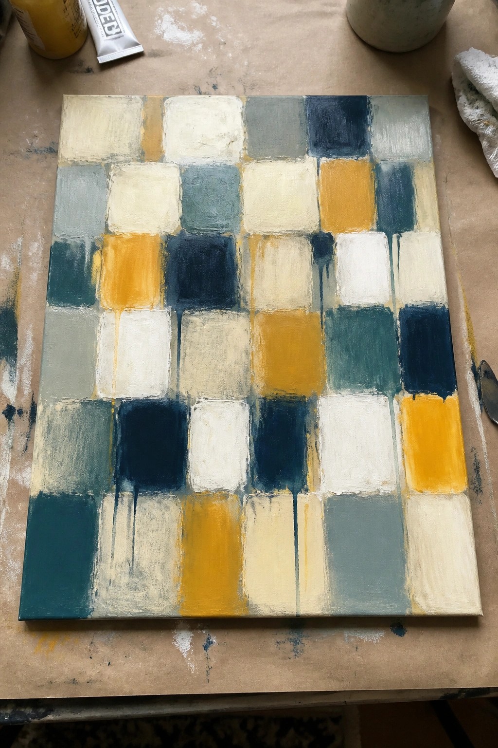 Abstract painting of colorful grid squares in blues, yellows, and whites with drips on studio table