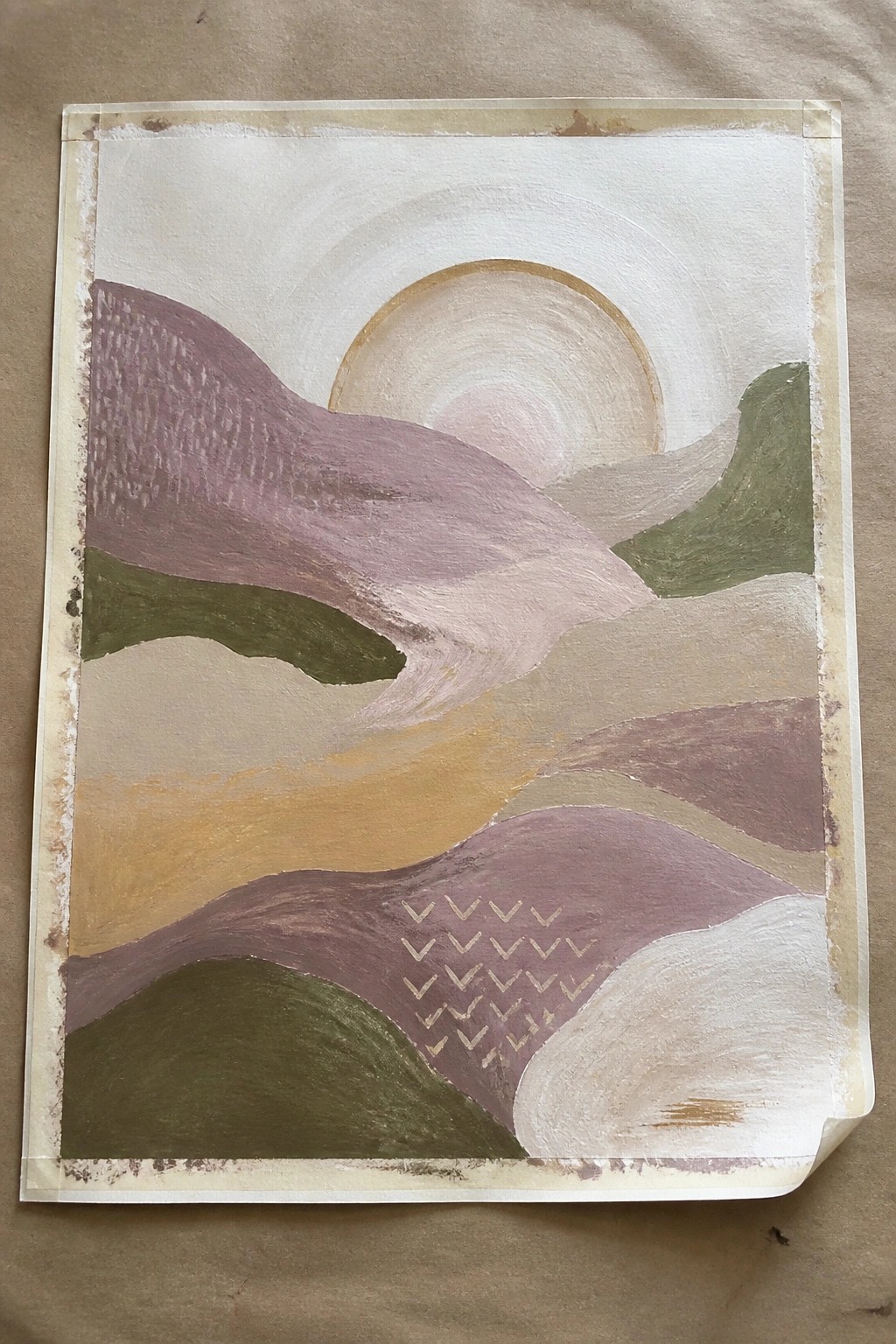 Abstract landscape of layered hills in muted purples, greens, and beiges beneath a glowing sun.