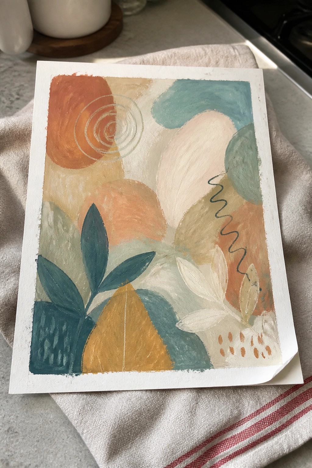 Abstract painting with orange, teal, beige shapes, leaves, and line details on paper.