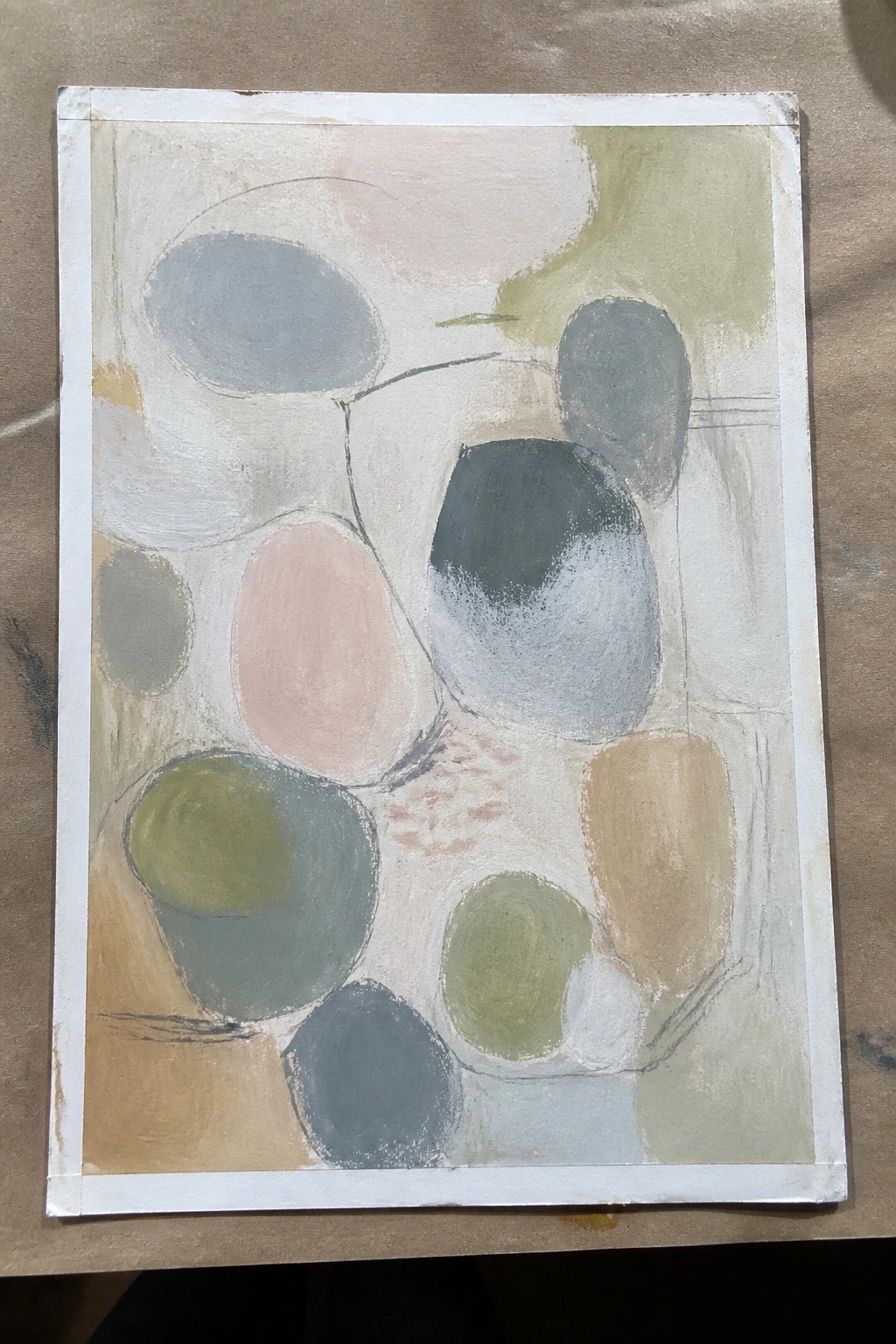 Abstract oil painting with overlapping oval shapes in muted gray, pink, green, and beige on a light background.