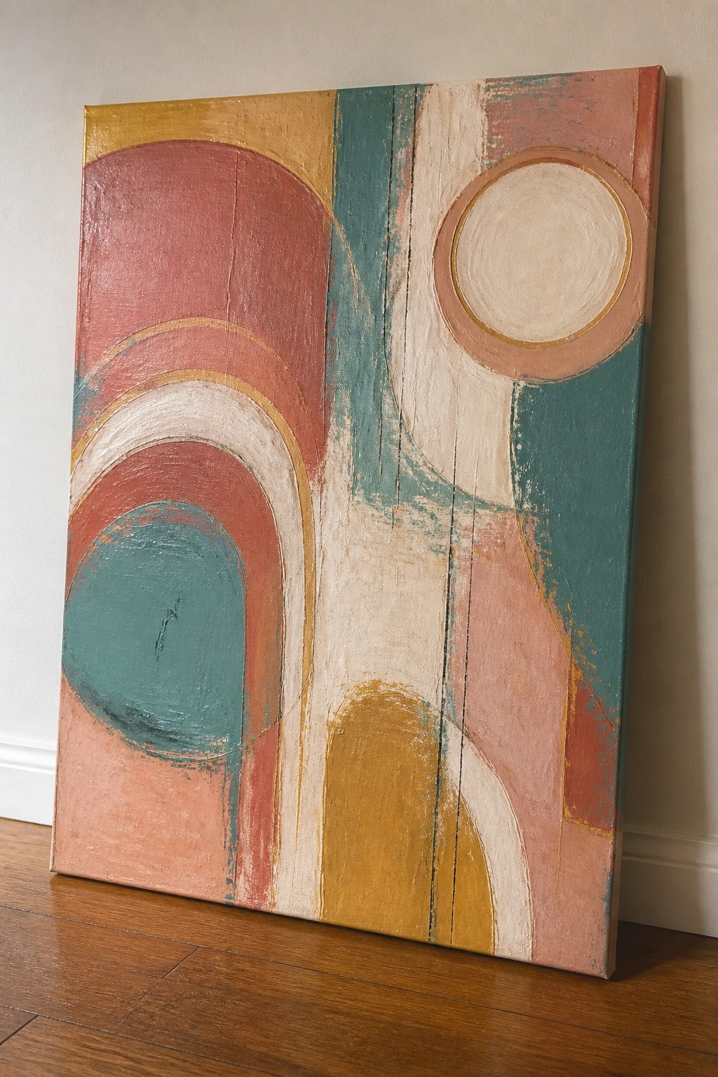 Abstract painting with arches, circles, and lines in coral, teal, and gold tones.
