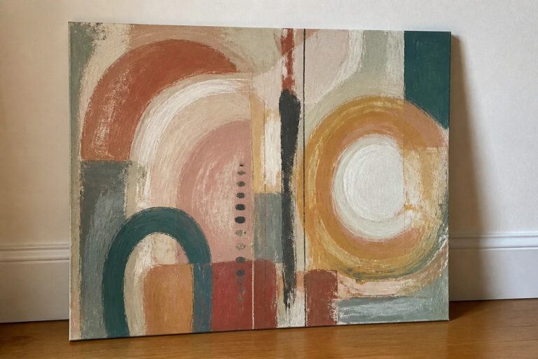 21 Striking Abstract Oil Painting Ideas in Contemporary Color Palettes Abstract painting with arches, circles, and lines in coral, teal, and gold tones.