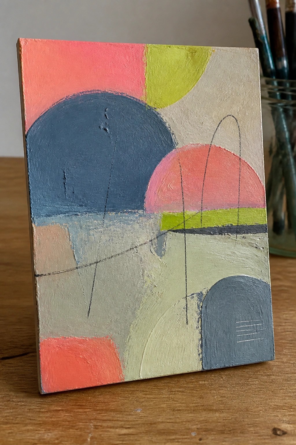 Abstract oil painting with overlapping blue circle, coral semicircles, lime green blocks, and gray shapes on a beige background.