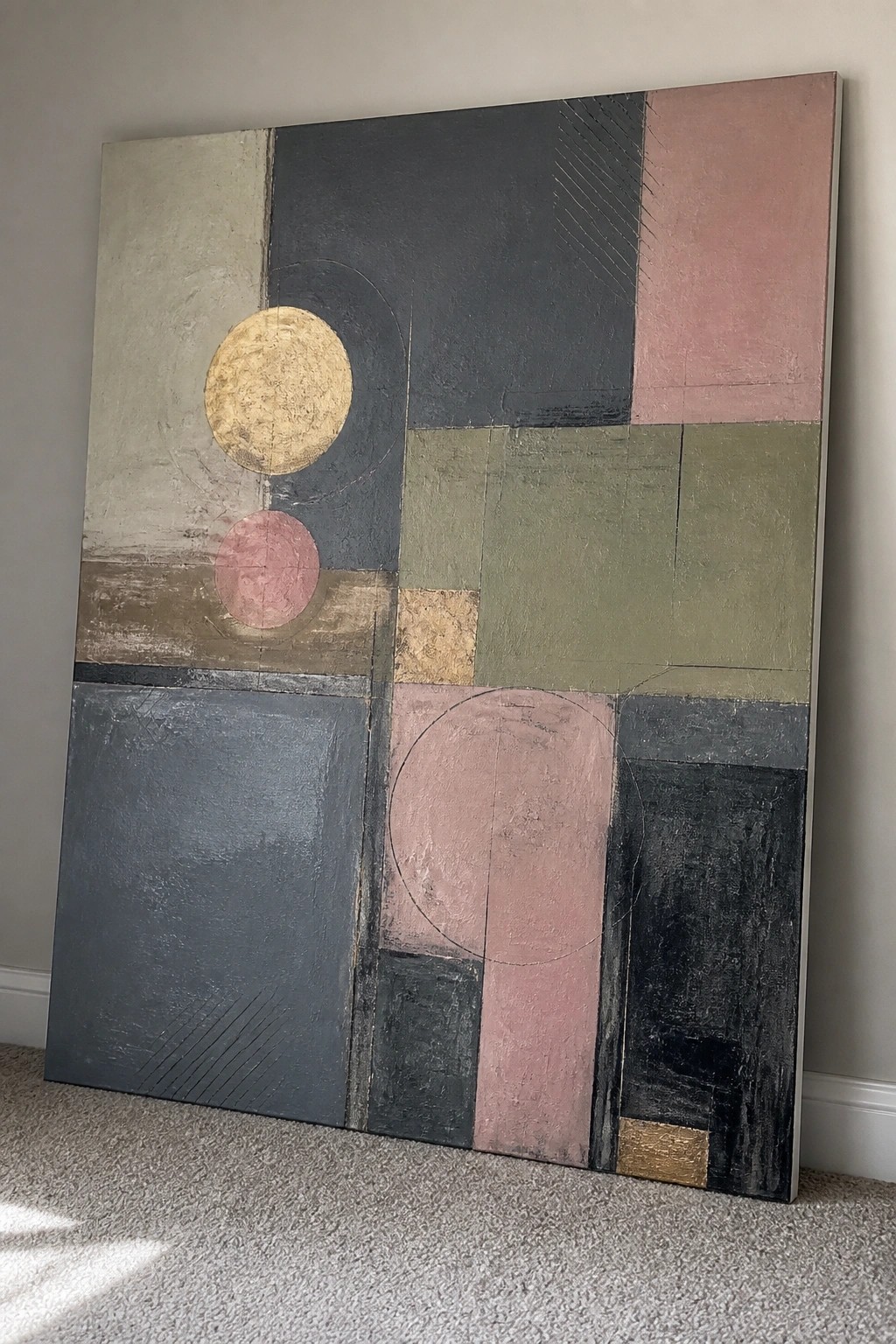 Abstract geometric painting with circles, rectangles, and muted tones leaning on carpeted floor.