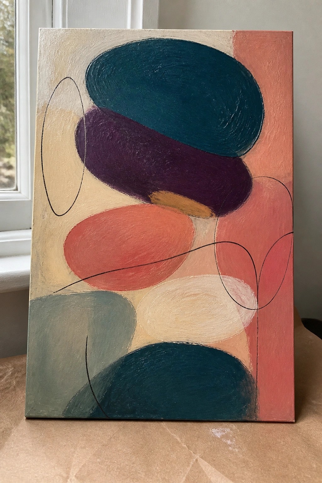 Abstract painting of overlapping ovals in teal, purple, coral, beige, and pink tones
