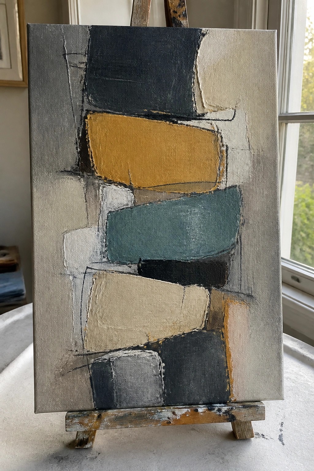 Abstract painting with mustard yellow, teal, black, and gray geometric shapes on easel