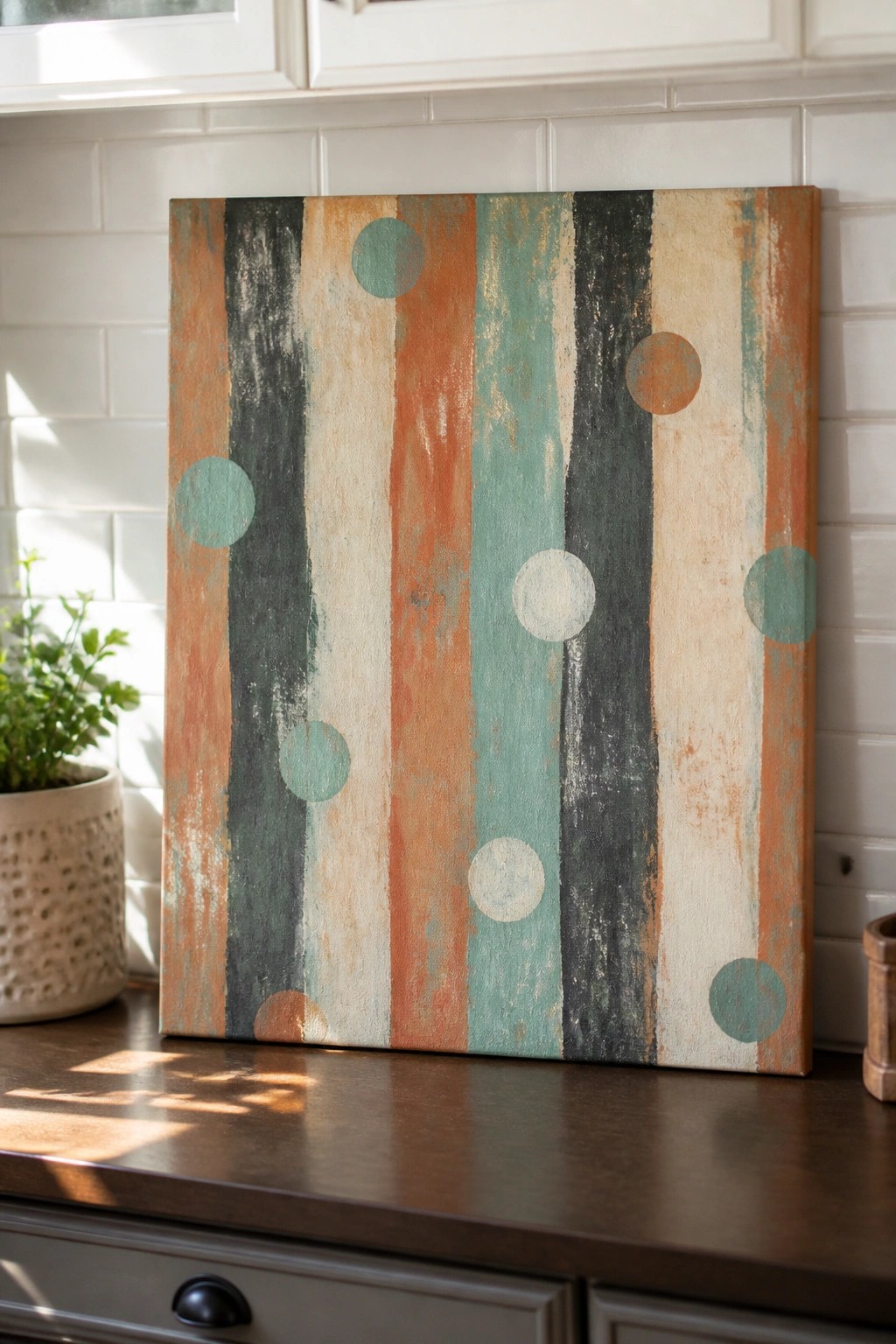 Abstract canvas with vertical stripes and dots on wooden kitchen counter