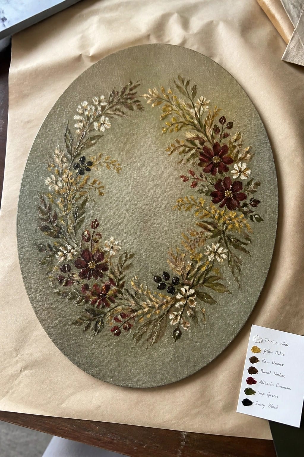 Round canvas with floral wreath in burgundy, gold, and white on muted green, color swatches nearby.