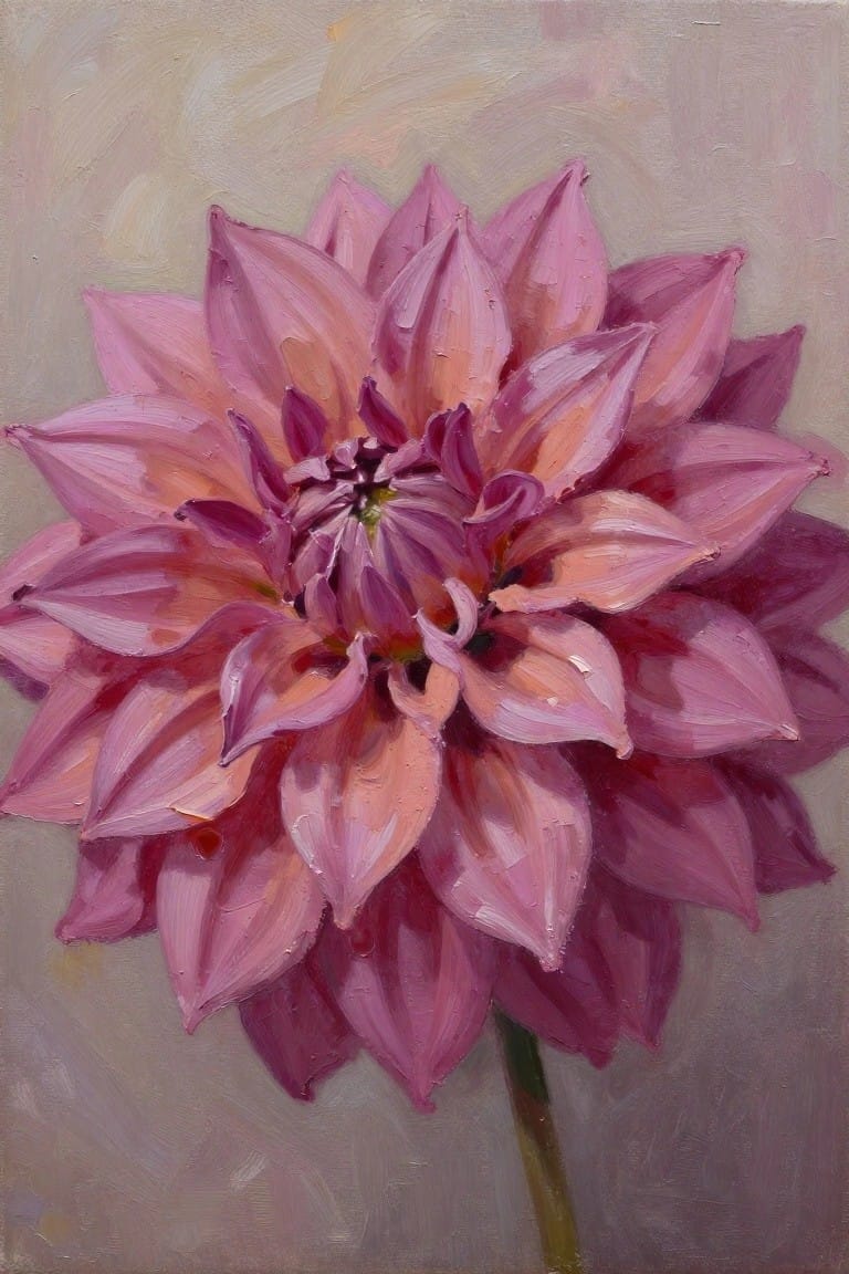 Close-up oil painting of a pink dahlia bloom with layered petals and dew drops.