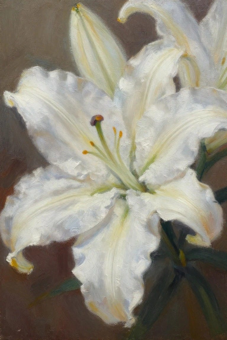 White lilies with yellow stamens and buds in oil painting style