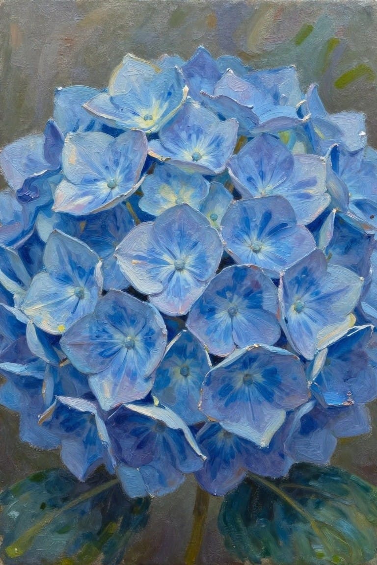 Vibrant blue hydrangea flowers in full bloom with visible brushstrokes and green leaves