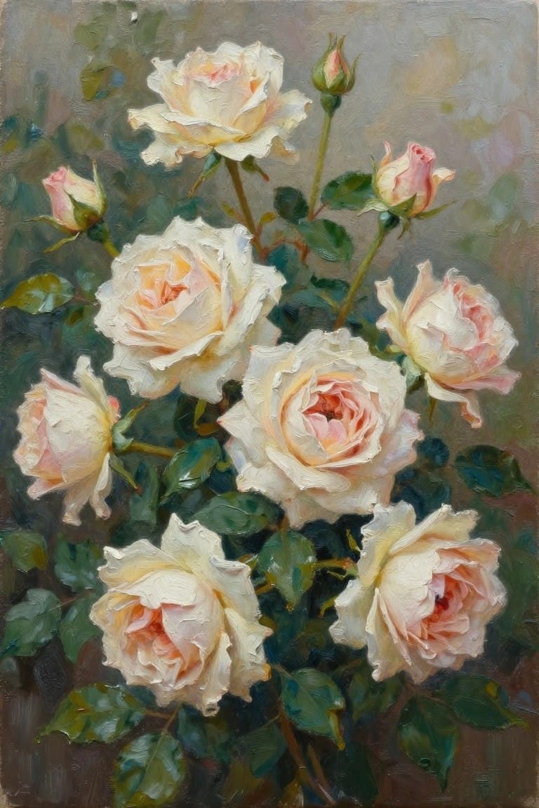 Oil painting of blooming white roses with pink centers amid green leaves