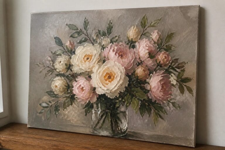 21 Stunning Flower Oil Painting Ideas for Elegant Floral Canvas Art Oil painting of white and pink peonies in a glass vase on wood