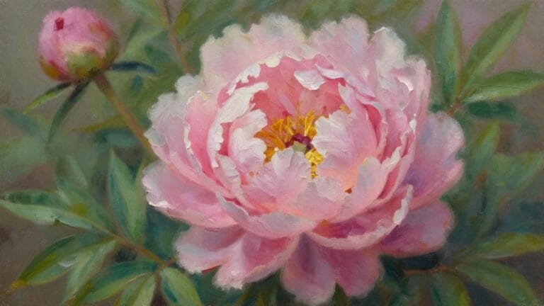 Close-up of blooming pink peony with yellow stamens amid green leaves, oil painting style