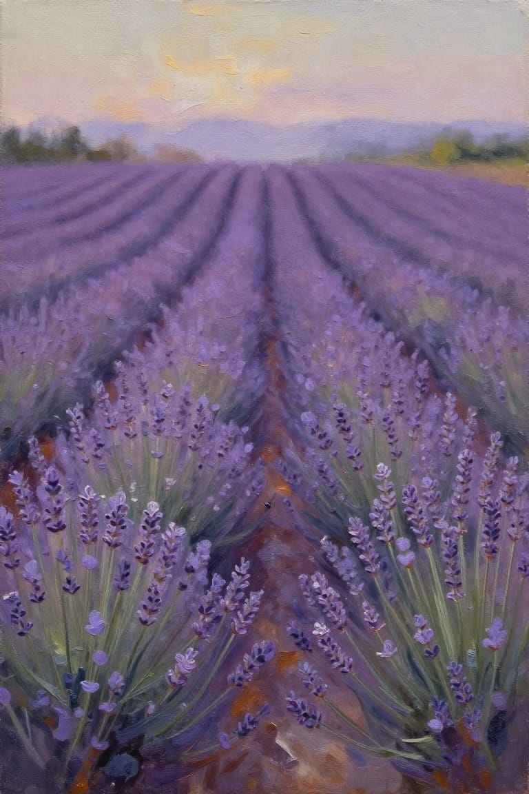 Rows of blooming purple lavender converging into distant hills under a pastel sky