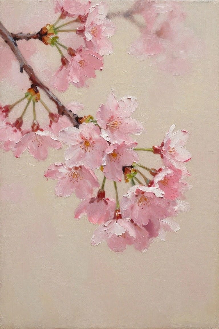 An oil painting of pink cherry blossoms on a thin branch against a light beige background.