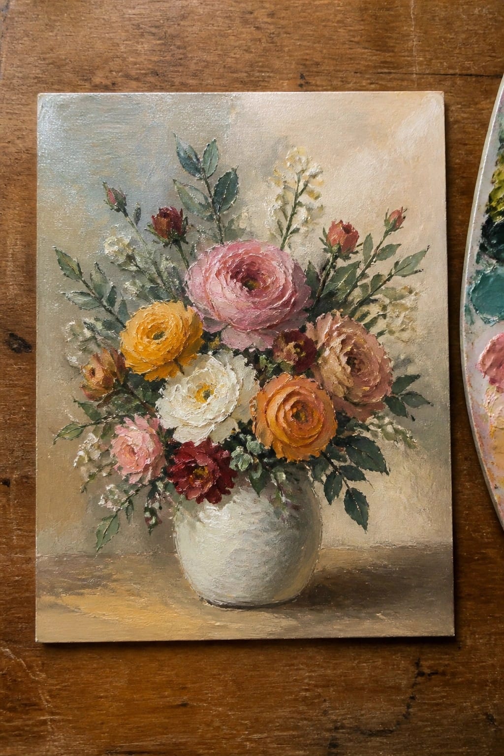 Oil painting of colorful ranunculus flowers in a white vase on a wooden table.