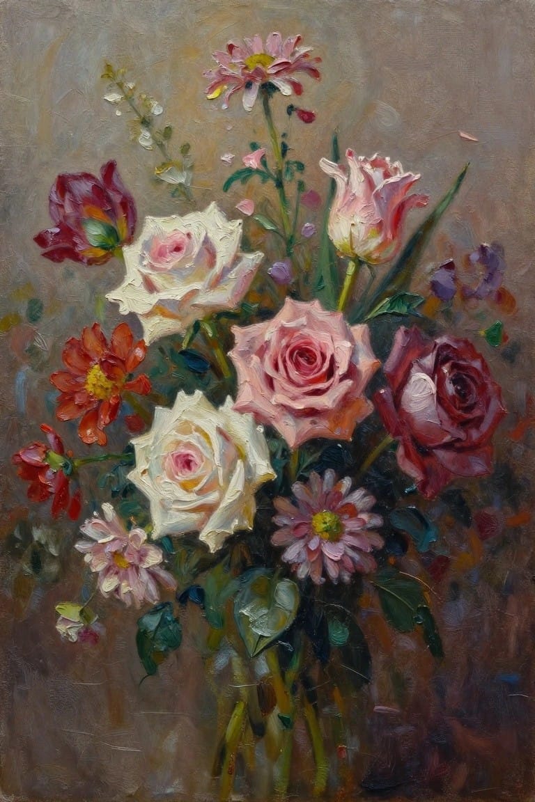 Textured oil painting of a colorful bouquet with pink, white, and red roses and daisies