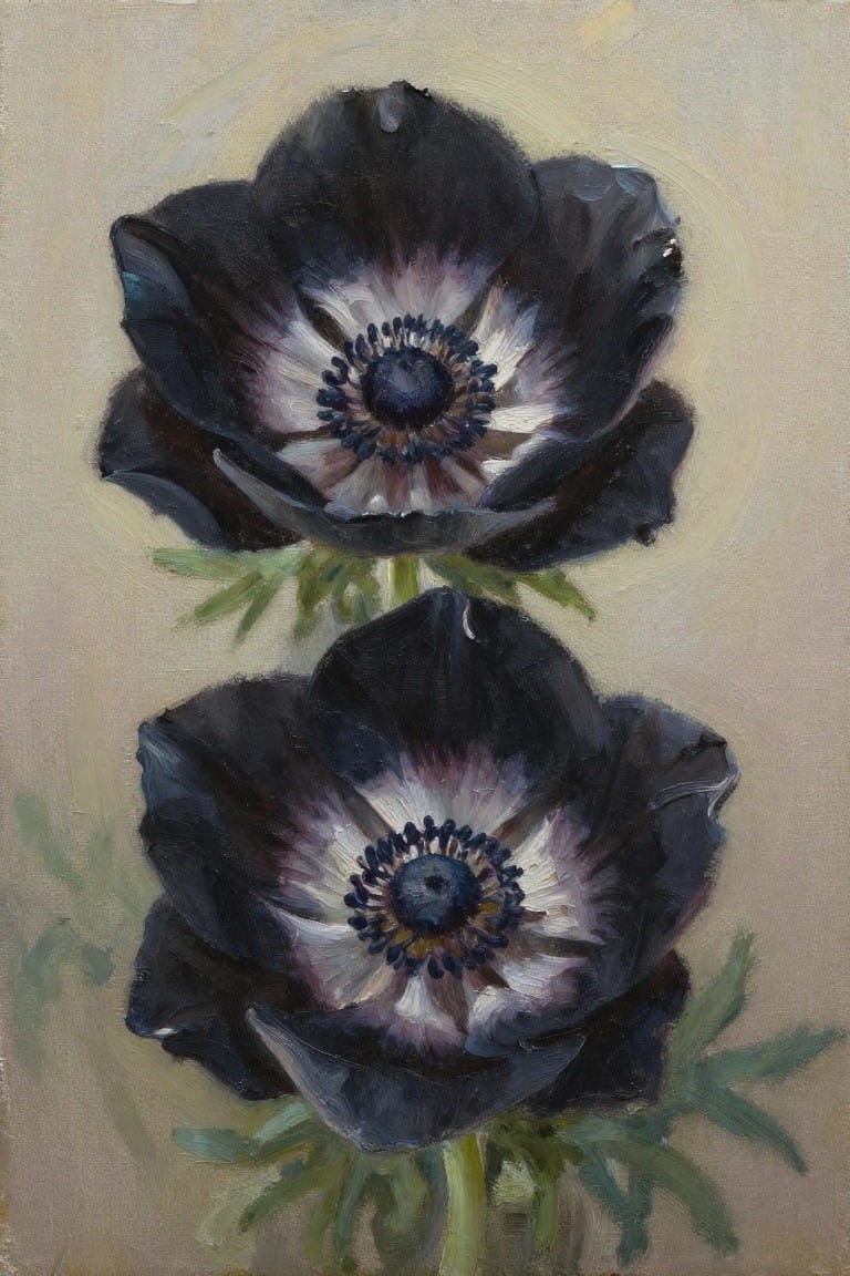 Two black anemones with white-purple centers and green leaves in oil painting