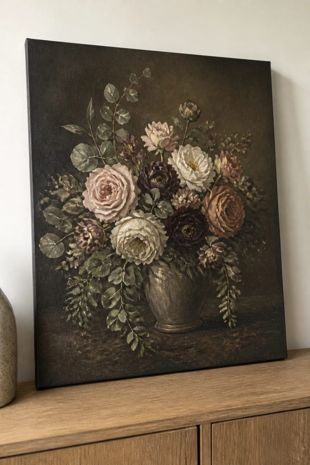 Still-life painting of pink, white, and dark roses in metallic vase on wood