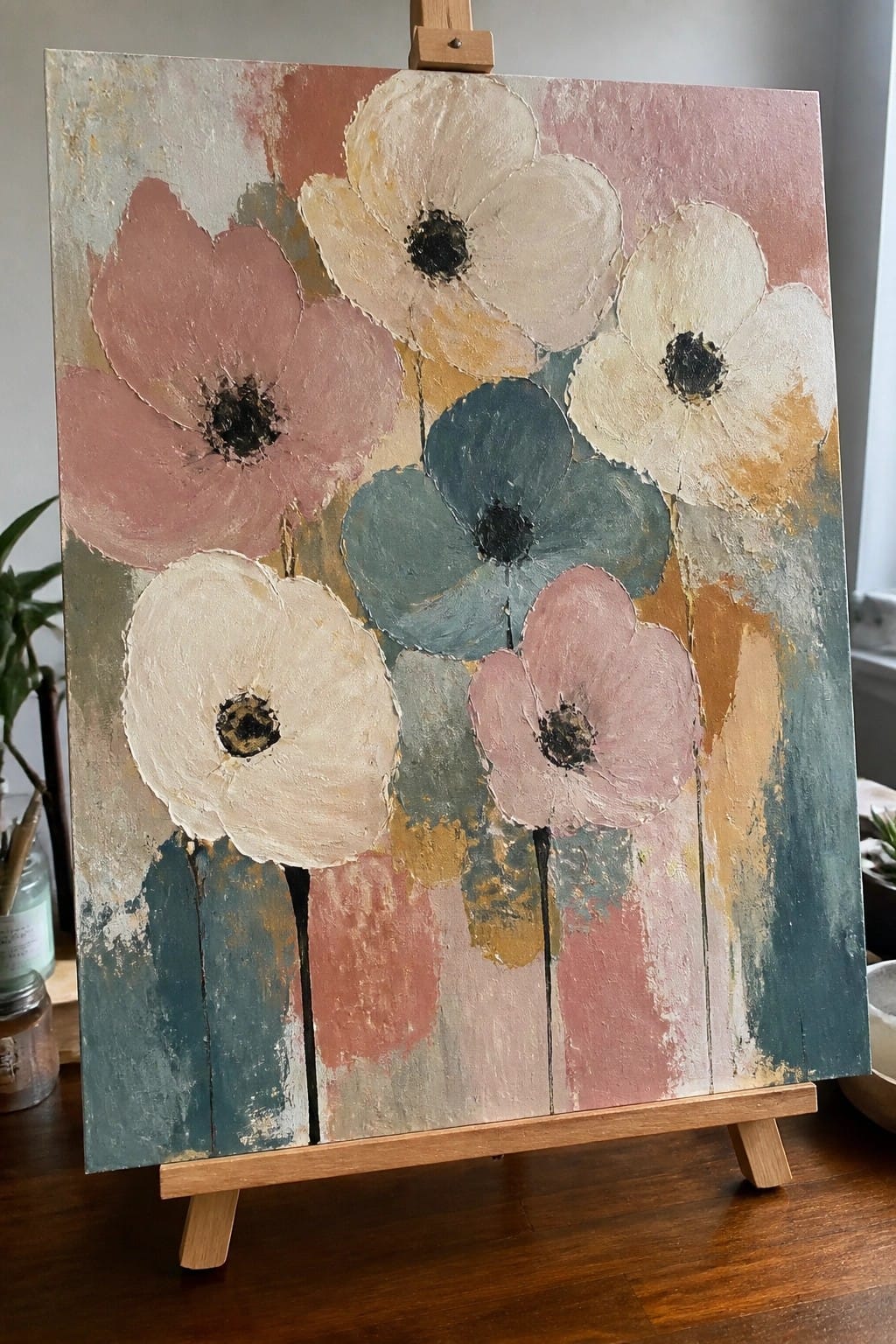 Abstract floral painting with pink, cream, and teal flowers on wooden easel